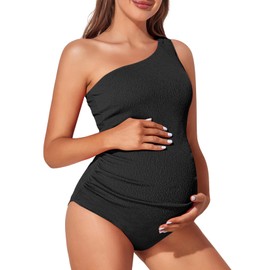Summer Mae Maternity Swimsuit One Piece One Shoulder Ribbed Pregnancy Bathing Suit Black Large