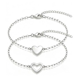 2 Pcs silver Heart Bracelet for Women, 14K Gold Plated Stainless Steel Friendship Bracelet,Adjustable Bracelets Dainty Chain Jewelry Love Friendship Two Bracelet Pack