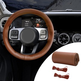 PACLVIO Genuine Leather Steering Wheel Cover, 15 Inch Universal Breathable Anti-Slip Car Steering Wheel Protector, Auto Accessories DIY Sewing with Needle Thread Fit for Men and Women (Brown/Glossy)