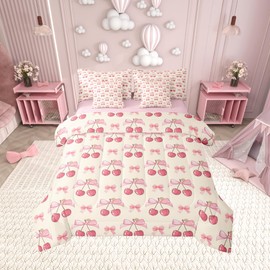 Manfei Cherry Bow Queen Bedding Set 7 Pieces,Cute Bowknot Dreamy Princess Style Comforter Set with Sheets for Kids,Tropical Fruit Sweet Cherry Kawaii Beige Pink Bed Set in a Bag with Pillow Covers