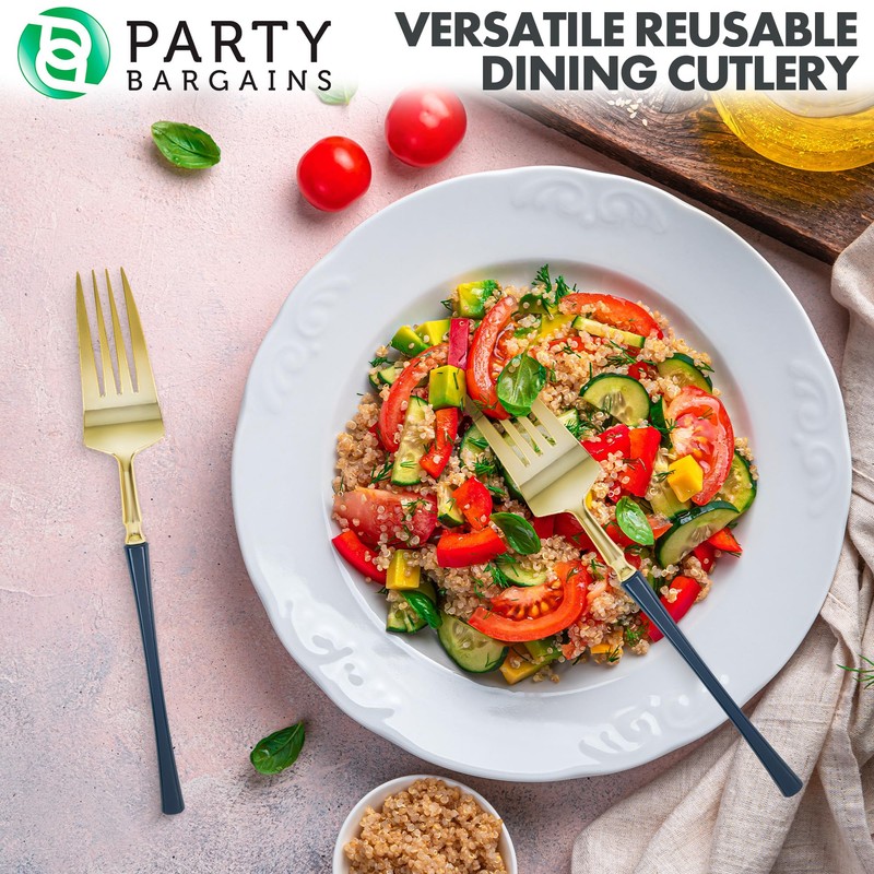 Party Bargains Disposable Plastic Navy Gold Salad Forks, Infinity Modern