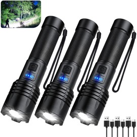 KINGCAESAR 3 Pack Rechargeable Flashlights 990000 High Lumens, Super Bright LED Flash Light with 3 Light Modes, High Power Flashlight with Charging Cables, IPX7 Waterproof for Camping, Outdoor, Home