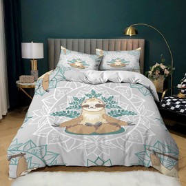 AILONEN Sloth Bedding Set Full Size,Cartoon Sloth Duvet Cover Set for Kids Girls Boys,Sloth Pattern Printed Comforter Cover,1 Quilt Cover 2 Pillowcases 3 Piece