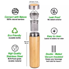 ECO Friendly Bamboo Tumbler - Tea Infuser and Strainer | Water Coffee and Tea Bottle | Stainless Steel Thermos | Vacuum Insulated Travel Tea Gift | Biodegradable | By GreenRO ANZ