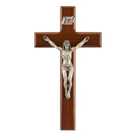 Walnut Wood Shroud of Turin Crucifix with Pewter Christ Corpus, 8 Inch
