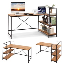 COSTWAY 59 Inch L-Shaped Computer Desk, Large Reversible Corner Desk with Open Storage Shelves, Space-Saving Writing Study Table PC Laptop Gaming Desk, for Home Office (Black + Walnut)