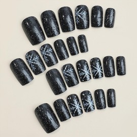 Snowflake Press on Nails Medium Square Christmas Black Fake Nails Christmas Nails Press ons Full Cover Glossy Artificial Nails Acrylic Nails Winter Stick on Nails Xmas Glue on Nails for Women 24 Pcs