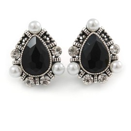 25mm/ Teardrop Black Glass Clear Crystal Pearl Clip On Earrings/Aged Silver Tone/Vintage Inspired