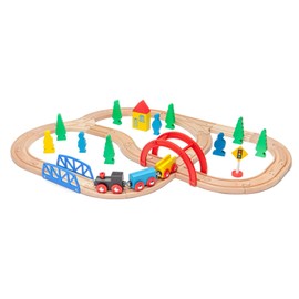 maxim enterprise, inc. 40 Pc Wooden Train Set, Complete Toy Railway with Straight and Curved Tracks, Wood Engine, Cars, Hauler, Signs, and More, Compatible with All Major Brand Accessories, Age 3+