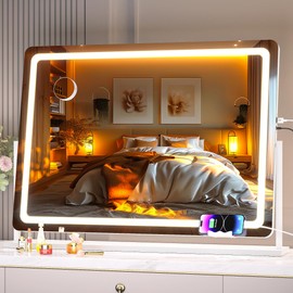 Hasipu Vanity Mirror with Lights, 40" x 29" LED Makeup Mirror, Light up Mirror with 10X Magnification and Phone Holder, USB Charging Port, Smart Touch 3 Colors Dimmable (White)