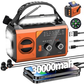 30000mAh Emergency Radio with NOAA Weather Alert, Emergency Hand Crank Weather Radio Portable AM/FM/NOAA Solar Radio with Compass SOS&Flashlight for Survival and Camping/Home (Orange-30000mAh)