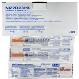 100 Jeringas Para Insulina de 0.5 ml con Aguja 30 G x 8 mm para aplicar 50 Unidades o menos marca NIPRO