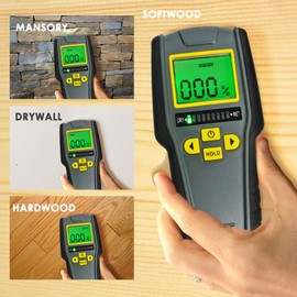 4-in-1 Pinless Moisture Meter, Digital LCD with Tricolor Bar Graph for Drywall, Masonry, Softwood and Hardwood w/Auto Calibration & Alarm