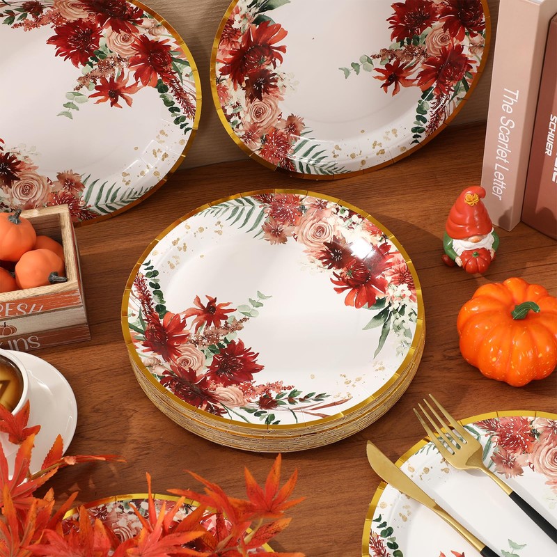 AnyDesign 50Pcs Fall Floral Paper Plates 9 Inch Gold Foil