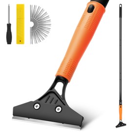 JIURAIN Razor Blade Scrapert, 4 Inch Floor Scraper Heavy Duty with 45.7" Long Handle,10PCS Extra Metal Blades,Paint Scrapers for Cleaning Wall Glass Floor Paint Gum Stains Stickers Linoleum (orange)