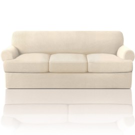 PrinceDeco T Cushion Sofa Slipcover 4 Pieces Sofa Covers for T Cushion Couch Soft Sofa Slip Covers Furniture Protector with 3 Individual T Shape Seat Covers (70"-88") Washable, Natural