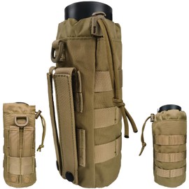 YOWDUTY Tactical MOLLE Water Bottle Holder, Upgraded Water Bottle Pouch with Drawstring Open Top & Mesh Bottom, 16/24/25/32oz Water Bottle Carrier Bag with D-Ring Hook for Backpack(Brown)