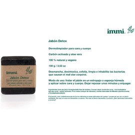 Immi Jabón Detox de 100g, Jabón dermolimpiador para cara y cuerpo con carbón activado y aloe vera, 2 piezas.                                          