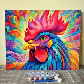 Tucocoo Colorful Rooster Paint by Numbers Kits 16x20 inch Canvas DIY Oil Painting for Adults Beginner with Brushes and Acrylic Pigment, Rustic Chicken Picture for Home Decor Gifts (Without Frame)