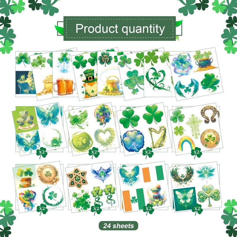 VERKSTAD 24 Sheets St. Patrick's Day Temporary Tattoos, Glitter Shamrock