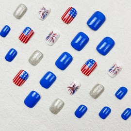 ONPRESS 24Pcs 4th of July Fake Nails Independent Day Press on Nails Short Square Blue Full Cover False Nails With Silver Glitter Firework Design United States Flag Glue on Nails for Women Manicure DIY