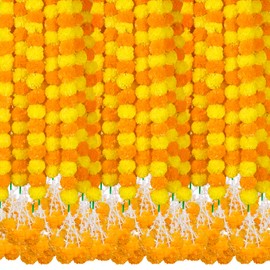 Diwali Decorations Items - 6 Pack Marigold Flower Garland for Diwali Door Decorations, Faux Orange Floral Toran for Home, Festival, Mandir & Wedding Decor (5FT Each)