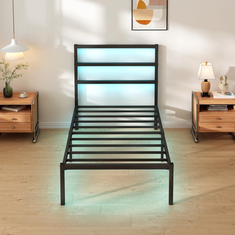 CLIBFENG Twin Bed Frame with Headboard,Heavy Duty Steel Slats Support-LED