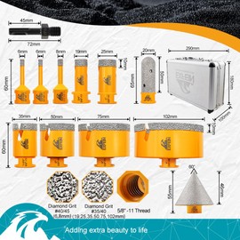 EXFEIN Diamond Tile Hole Saw Kit 14pcs 6/6/8/19/25/35/50/75/102mm Drill Bits & Adapter with 4/5" Finger Bit and 2" Chamfer Bit and 2pcs 4.5 Inch Diamond Blade for Tile Porcelain Ceramic Marble Granite