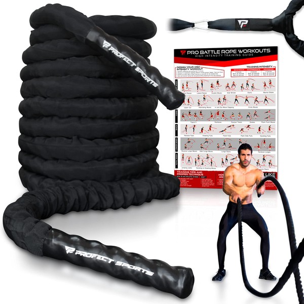 Pro Battle Ropes with Anchor Strap Kit and Exercise Poster