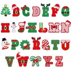 URROMA 26PCS Christmas Embroidered Iron on Patches, A-Z Letters Christmas Tree Santa Claus Applique Sew on Cute Patches Jackets Hats Backpacks DIY Accessory