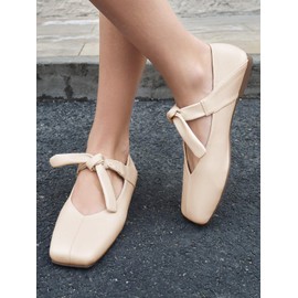 Coutgo Womens Mary Jane Flats Bow Square Toe Ballet Flats Dressy Comfortable Slip on Flat Shoes, Beige, Size 8
