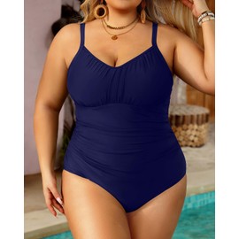 Aqua Eve - Traje de baño de una pieza con control de abdomen para mujer, traje de baño clásico, Azul marino, 16 Plus