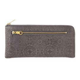 HIRAMEKI. Morris L-Shaped Zipper Long Wallet, Cowhide Leather, Embossed William Morris Art Design YKK, modern grey