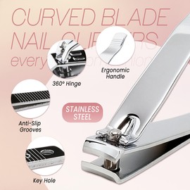 11pcs Large Beauticom Stainless Steel Curved Nail Clipper - Professional Ultra Sharp Sturdy Silver Finger Nail and Toe Nail Cutters for Acrylic Nails Grooming Manicure