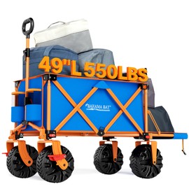 Old Bahama Bay 49" L Extra Long Beach Wagon with Tailgate,Big Wheels with Brake for Sand, Collapsible Utility Beach Cart Heavy Duty Folding Wagon,Ideal for Outdoor Sand Camping Garden Pet