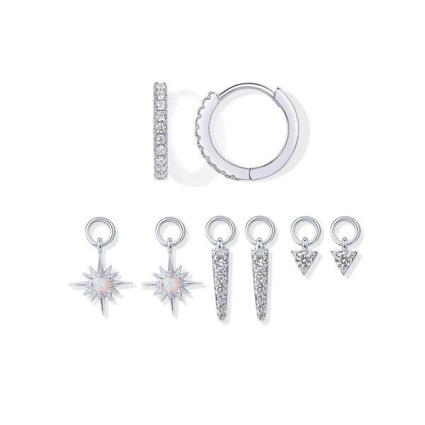 PAVOI Rhodium Plated Huggie Earrings and Charm Set for Women