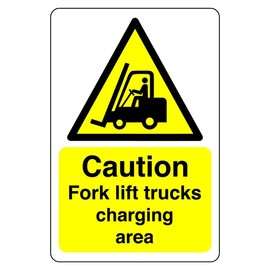 Safety First Display LTD Caution fork lift trucks charging - 3mm Aluminum Dibond for indoor/outdoor usage (400mm x 300mm) 14m Viewing Distance.