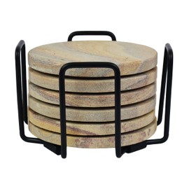 Marbco Sandstone Absorbent Coasters for Drinks 4 Inches in Diameter Multicolor Premium Natural Solid Build Material Sandstone Coasters (1, Round (with Holder))