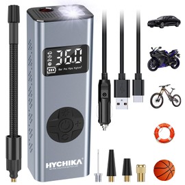 Tragbarer Luftkompressor HYCHIKA 12V 6000mAh Wiederaufladbarer Elektrischer Kompressor I50PSI luftpumpe, Fahrradpumpe mit LED-Licht und Manometer für Auto Fahrrad Motorrad Bälle, AutoOff