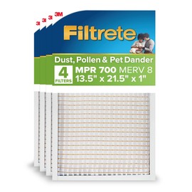 Filtrete 13.5x21.5x1 AC Furnace Air Filter, MERV 8, MPR 700, Tough on Pollen, Easy on Airflow, 3-Month Pleated 1-Inch Electrostatic Air Cleaning Filter, 4-Pack (Actual Size 13.187 x 21.187 x 0.81 in)