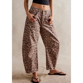 Womens Stretchy Mid Rise Barrel Jeans Vintage Loose Wide Leg Cropped Denim Pants Y2k Baggy Boyfriend Jeans (X-Large,Leopard Khaki)