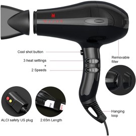 Professional Powerful Hair Dryer Negative Ionic 2 Speeds and 3 Temperature Settings and Cool Shot Button 1875w AC Motor Fast Drying Blow Dryer with Concentrator