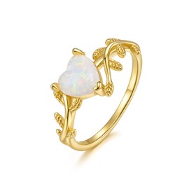 Ever Faith 925 Sterling Silver Created Gemstone White Heart Opal Statement Rings, Dainty Gold Vine Leaf Wedding Promise Band Ring Birthday Jewelry for Women Bride Size Q