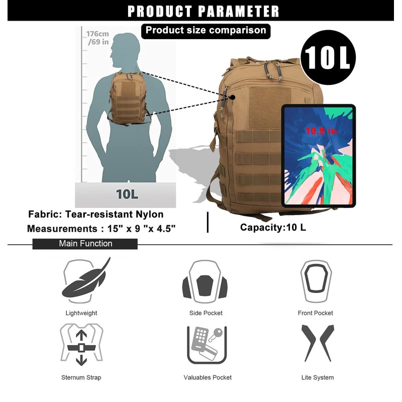 Miramrax 12L Small Backpack Day Pack - Mini Tactical Backpacks