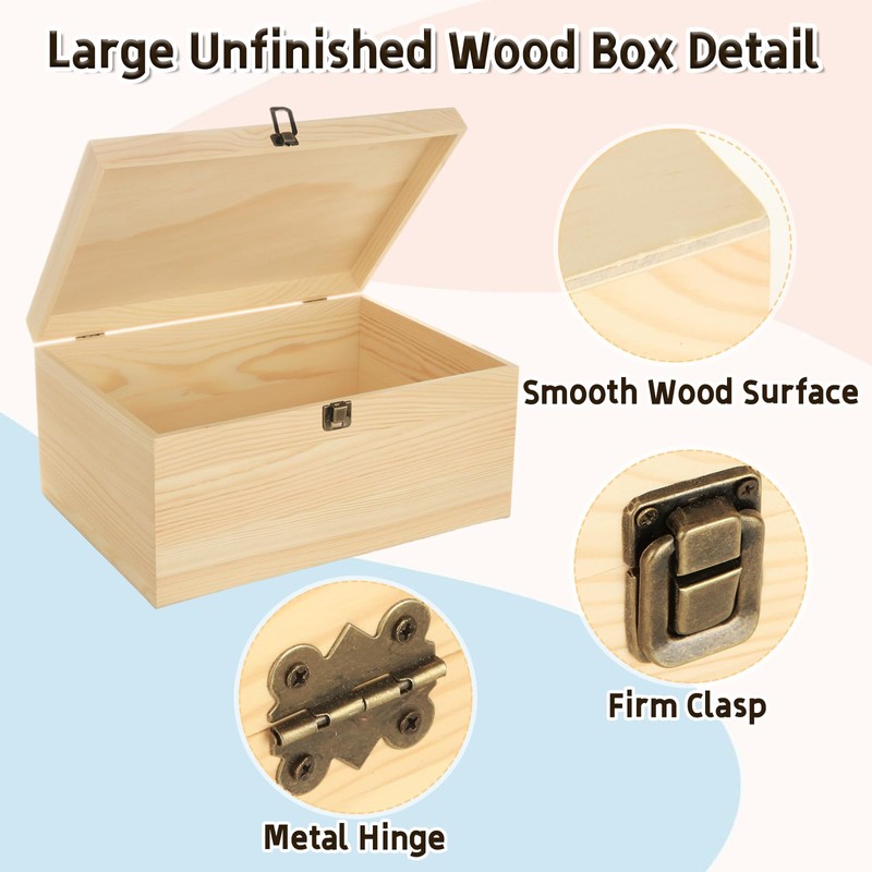 DAJAVE Unfinished Wooden Box-13.7x9.8x6.7 Inch Large Wooden Box with Hinged