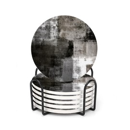 LOKMU Coasters for Drinks,Round Absorbent Ceramic Stone Coaster Sets of 6 with Metal Holder Stand,Black and Grey Abstract Art Coasters with Cork Base for Coffee Wooden Table,Housewarming Gifts