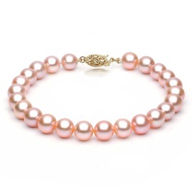 Unique Pearl 14K Yellow Gold 6-7mm Pink Freshwater Cultured Pearl Bracelet in AAA Quality, 7 Inches