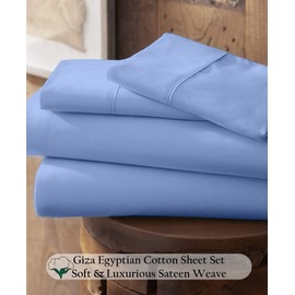 Neighbourhood Home My-100%-Certified-Giza-Cotton-Pillow-Sheet, Giza Egyptian Sheet Set Full Size, Soft Sateen Weave, Breathable Fabric, Fits Upto 12-Inch Deep Pocket - Full, Light Blue
