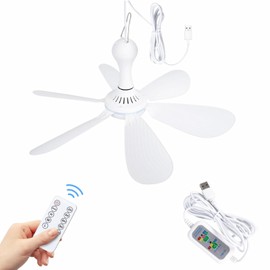 Xindejia USB Powered Small Ceiling Fan 6 Blades Quiet DC 5V USB Hanging Fans for Indoor Outdoor RV Bed Room Dorm Desk Travel Camping Tent Cubicle Mini Portable Canopy Fans - White