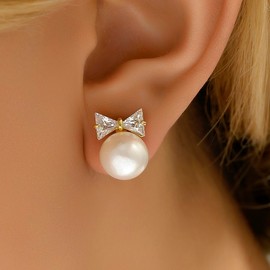 Dpvive Gold Bow Drop Earring Simple Pearl Dangle Earring for Women 14K Gold Plated Bow Earrings for Women Gift